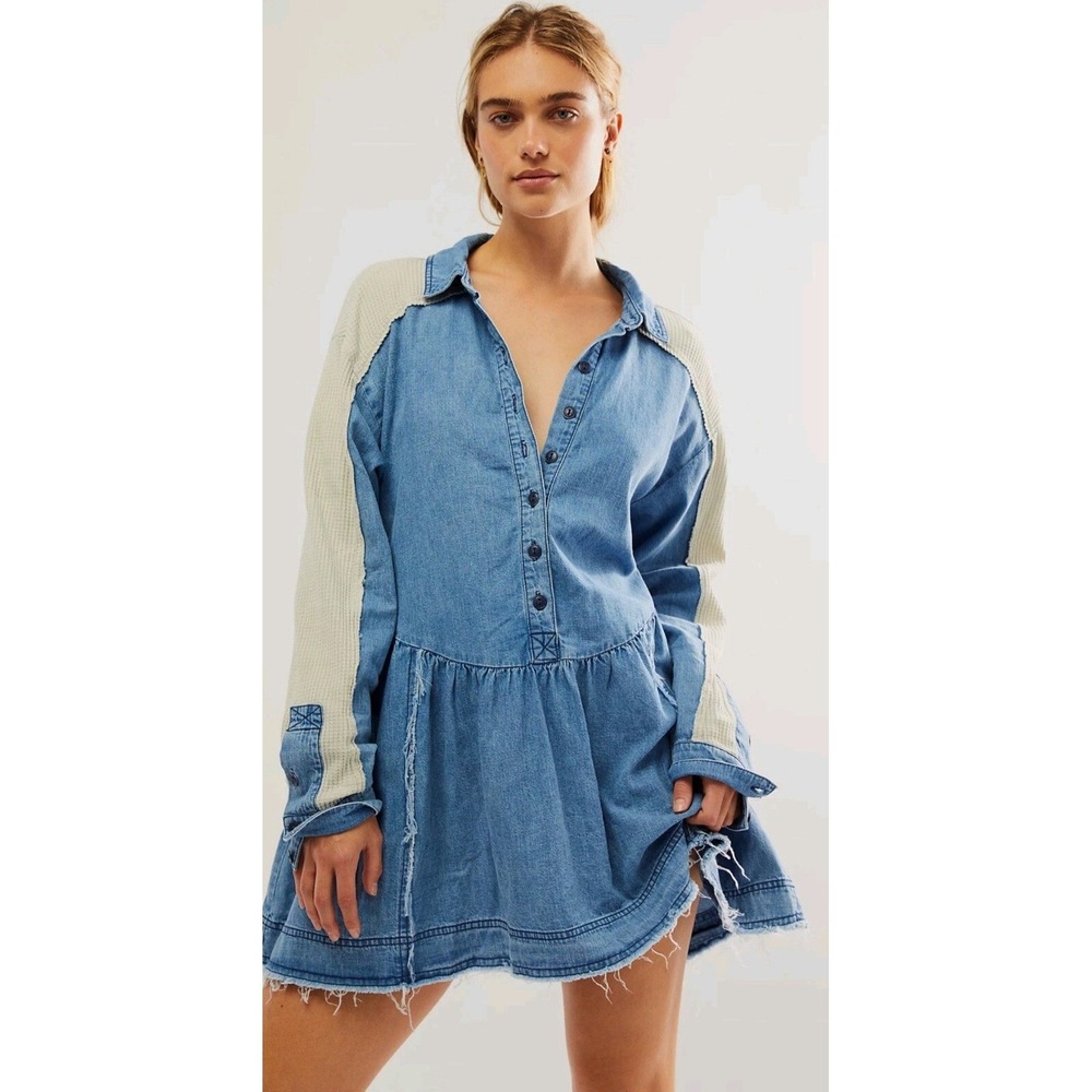 Free People Kenny Denim Mini Dress Waffle Knit Blue Oversized Boho Vacay